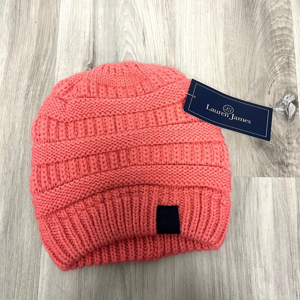 Lauren James Beanie Hat Women's OS Cable Knit Beanie Coral Pink NWT